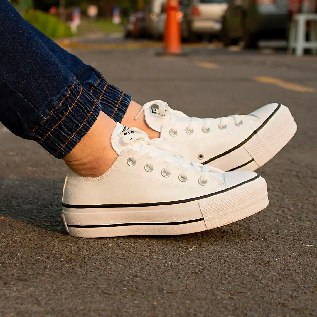 All star plataforma feminino branco couro linha preta